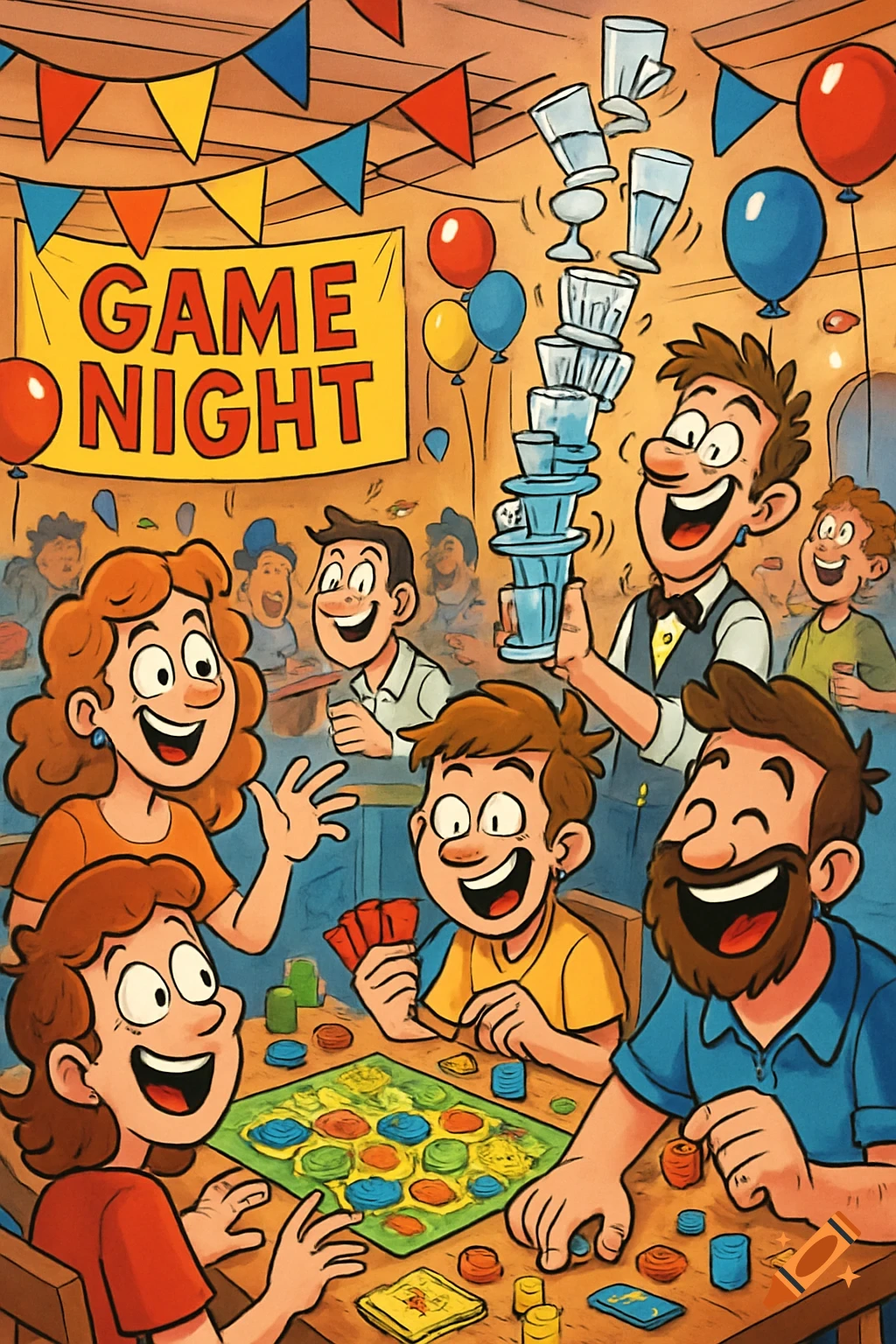 Lively cartoon game night illustration with people playing board games, a bartender comically stacking glasses, and festive decorations.