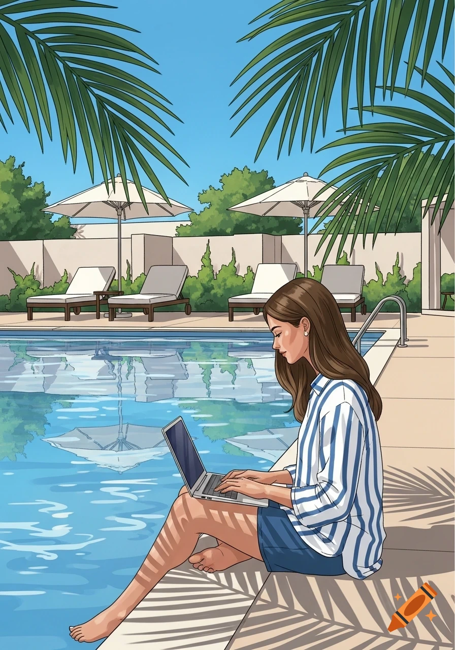 A woman works on a laptop by a swimming pool in an outdoor setting with palm tree shadows, rendered in a vibrant illustration style.