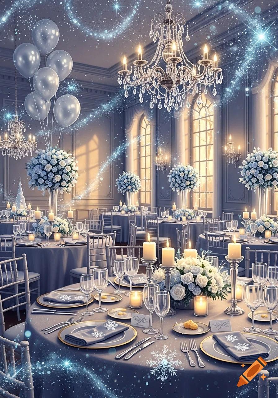 An elegant ballroom decorated for a winter party with chandeliers, white flowers, candles, silver balloons, and sparkling light.