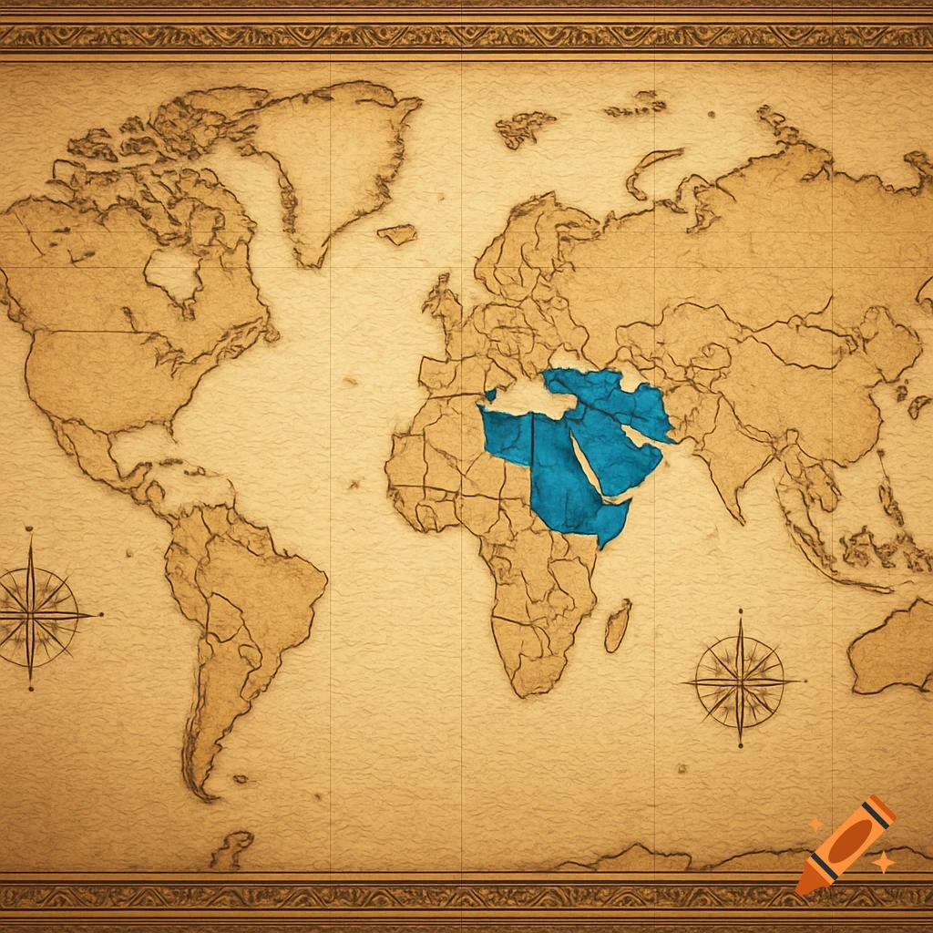 An antique-style world map with parts of North Africa and the Middle East highlighted in blue.