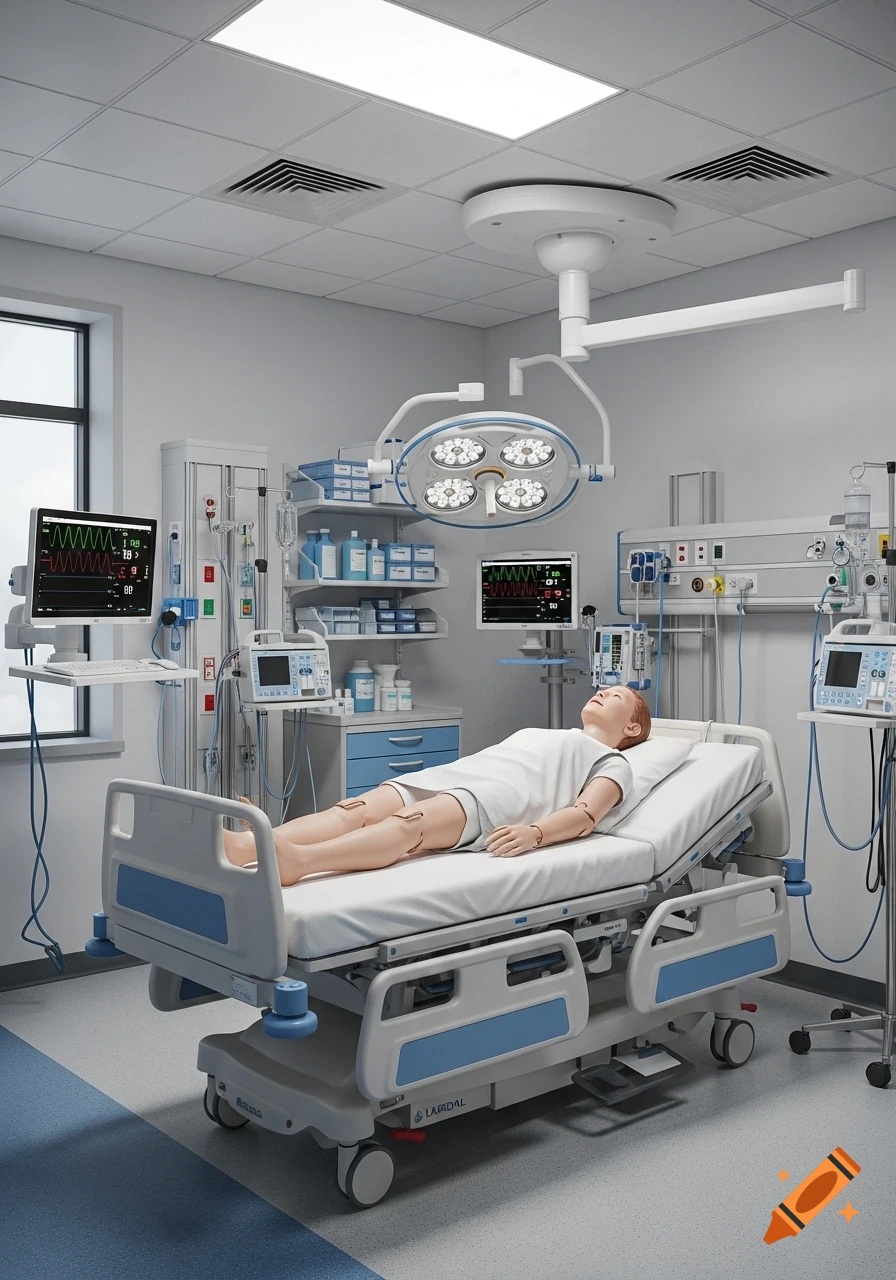 Photorealistic clinical simulation room with a patient simulator on a bed, surrounded by medical equipment.