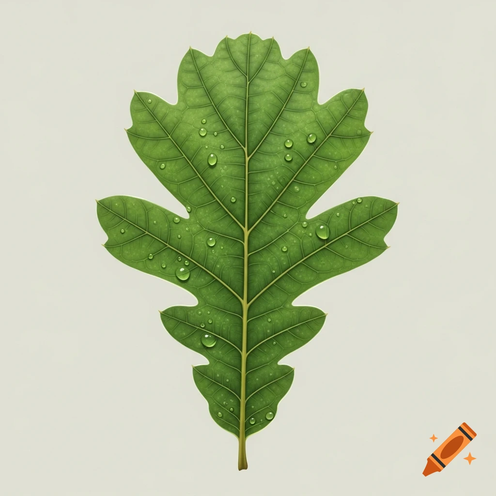 A vibrant green oak leaf with water droplets, showing detailed veins, on a soft, light background.