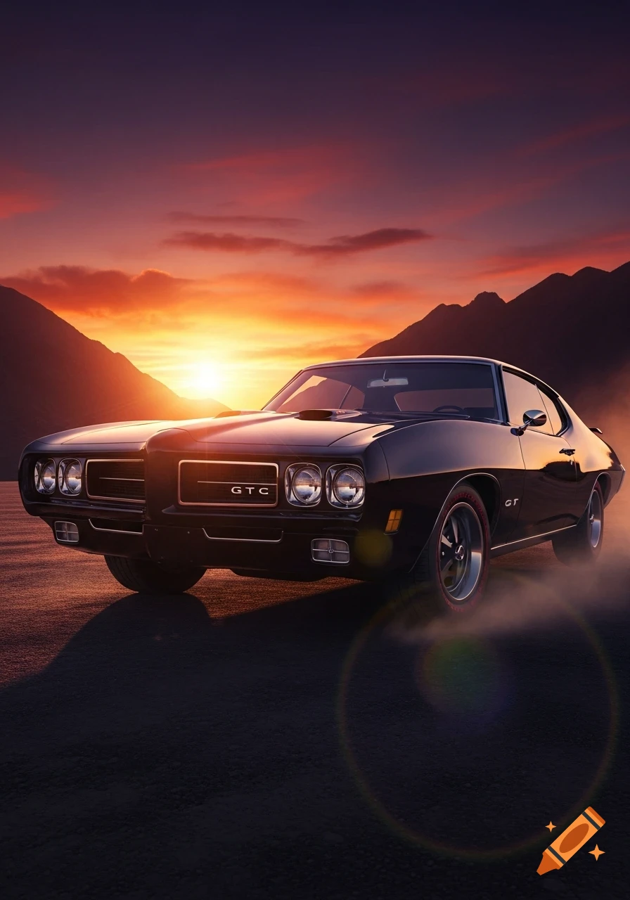 A dark classic muscle car, resembling a Pontiac GTO, is parked on a road at sunset, with mountains in the background.