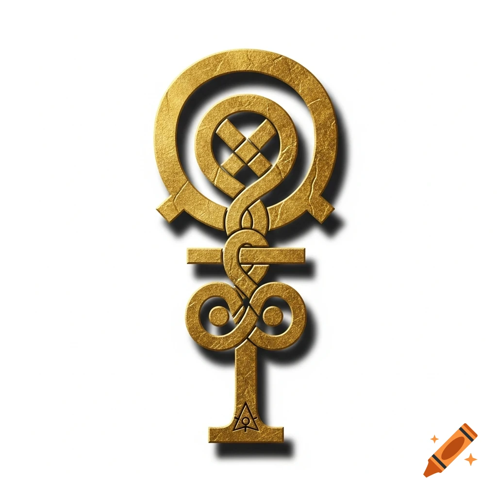 A golden ornate symbol, resembling an ankh or ancient glyph with intricate knotwork and a central cross, against a white background.