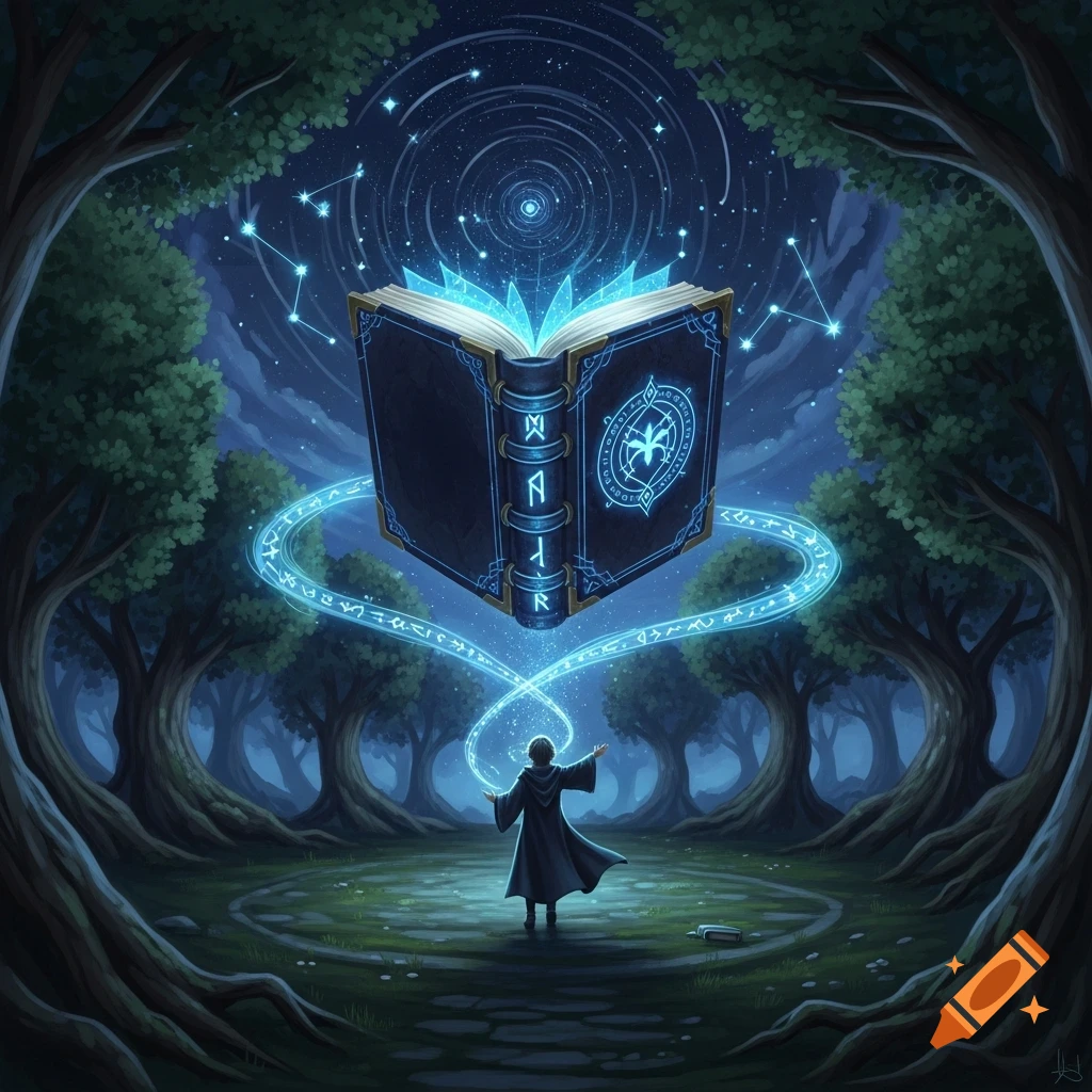 A wizard in a dark forest conjures a large, glowing magical book adorned with runes, surrounded by shimmering blue energy and constellations.