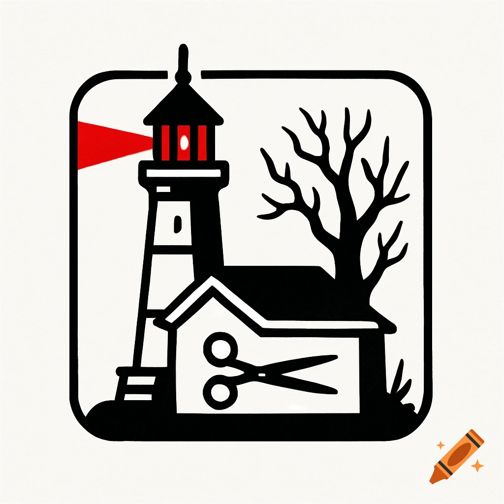 A stylized black and white logo features a lighthouse, a small building with horizontal scissors on its wall, and a bare tree, all with red accents.