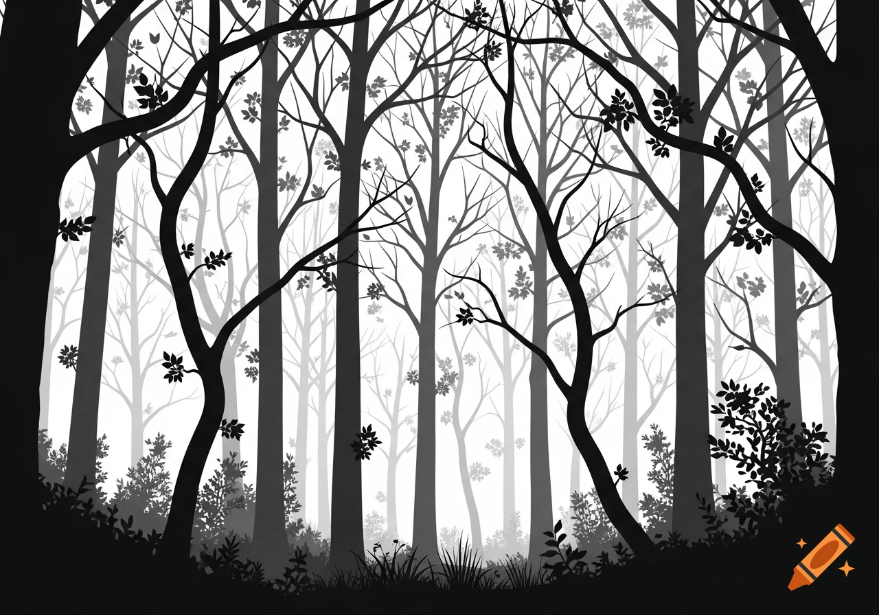 A black and white graphic silhouette of a dense forest with tall trees and undergrowth.