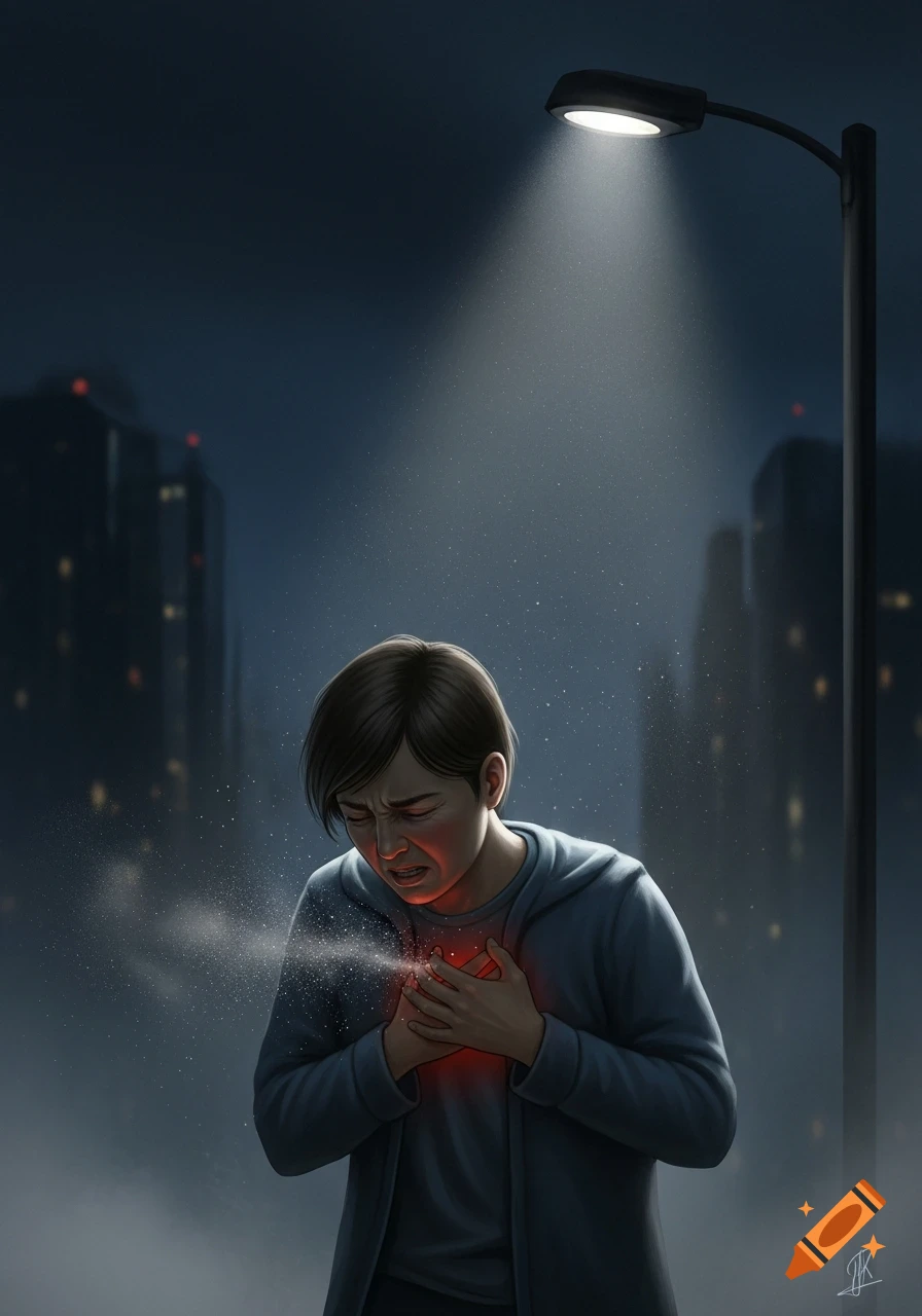 A person clutches their chest in distress, exhaling mist under a street light in a dark city, digital art.