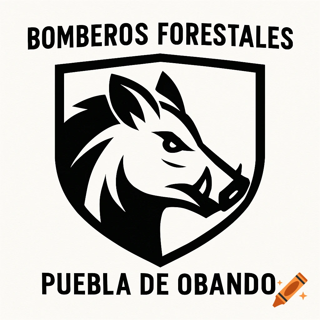 Minimalist black and white logo of a wild boar head inside a shield, with text "BOMBEROS FORESTALES" and "PUEBLA DE OBANDO".