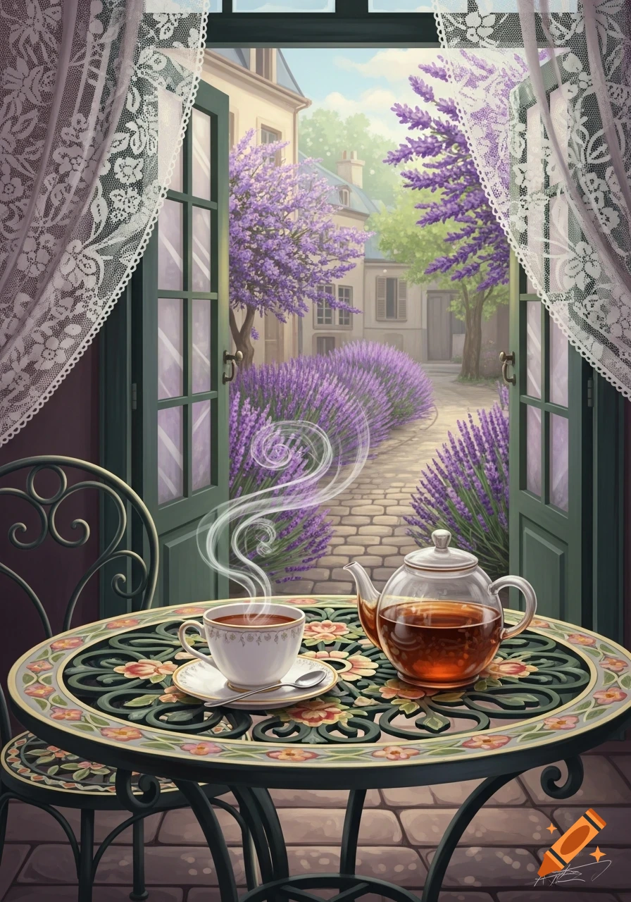 Stylized illustration of a steaming teacup and teapot on a wrought iron table, overlooking a lavender-filled courtyard.