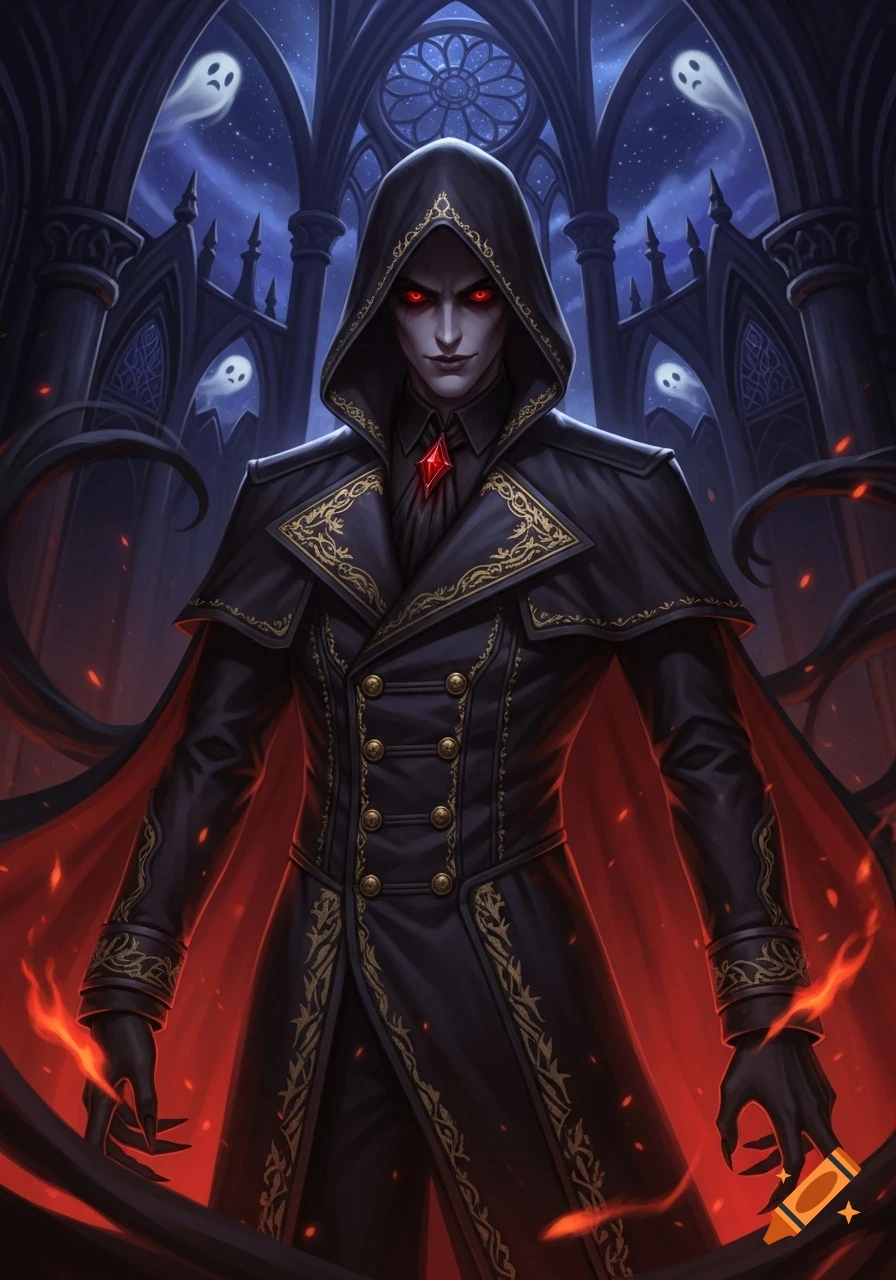 A menacing hooded figure with glowing red eyes, ornate black and gold ...