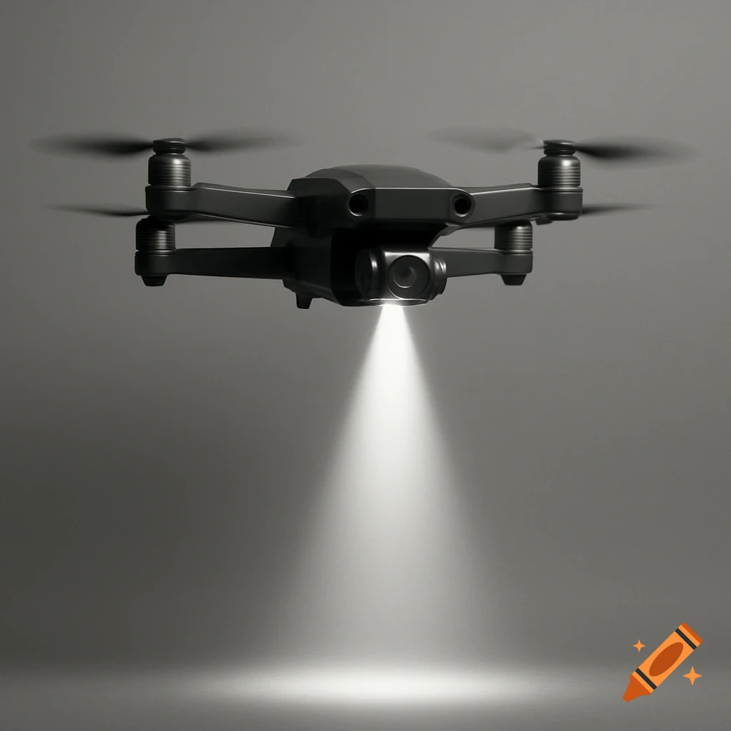 A black drone with a bright spotlight shining downwards against a smooth grey background.