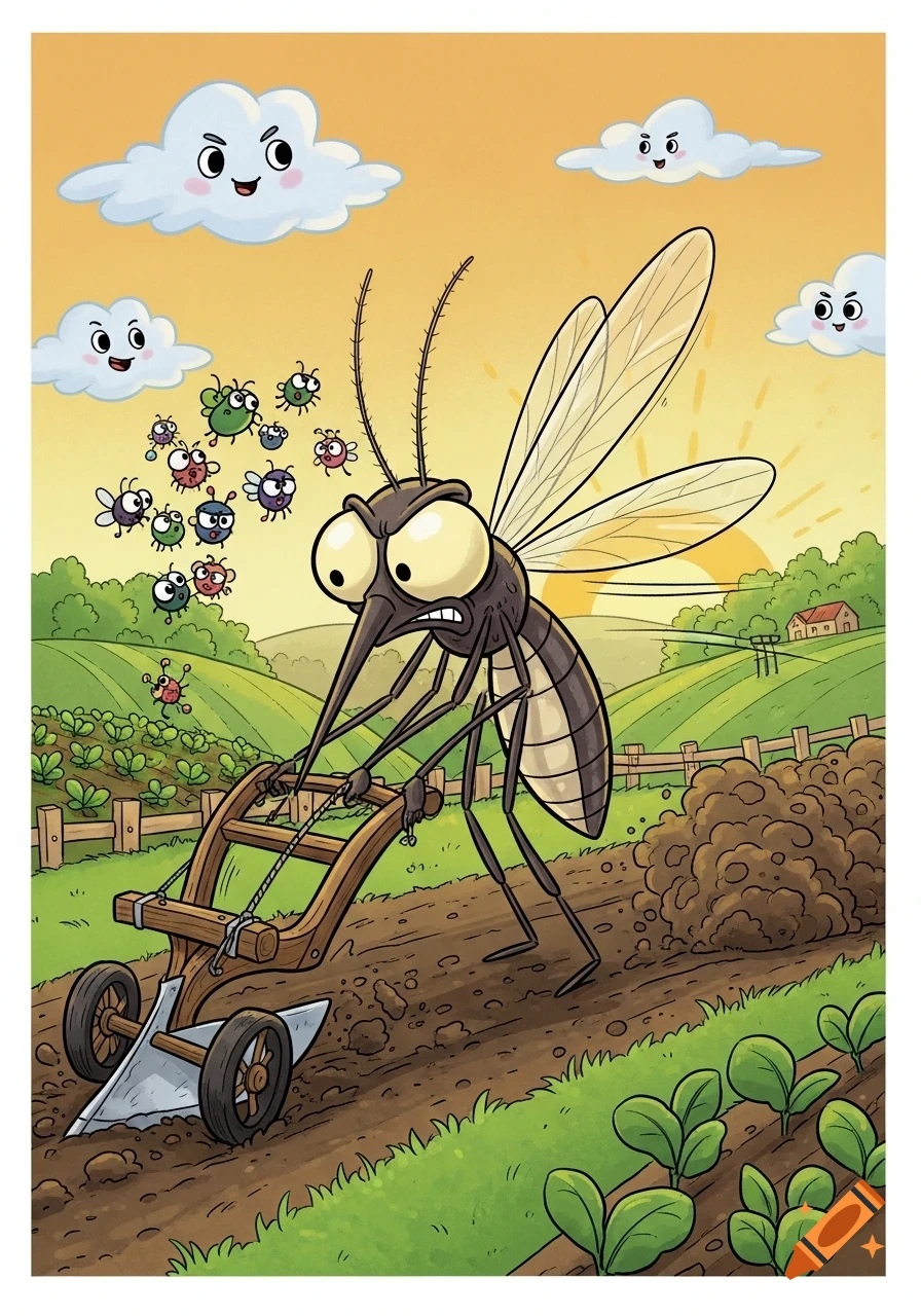 Cartoon mosquito plowing a field under a sunset sky with smiling clouds and flying insects.