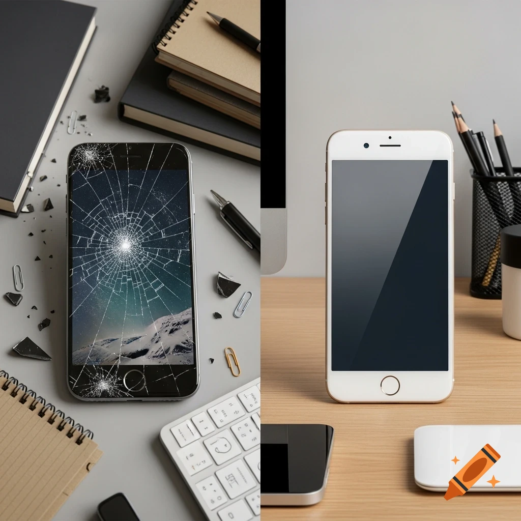 A split image shows a black iPhone with a cracked screen on the left, surrounded by broken glass and office supplies, and a pristine white iPhone on a wooden desk on the right.