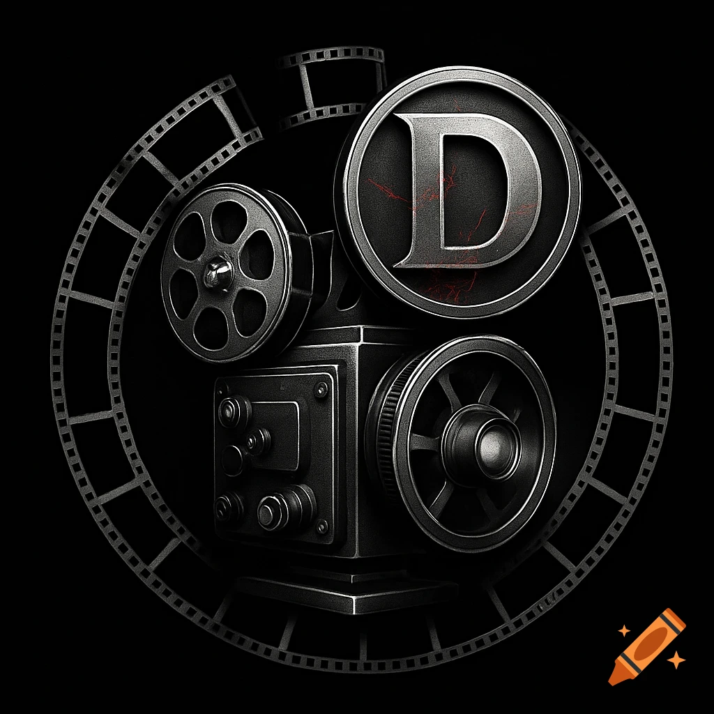 Stylized metallic film projector and reel with a prominent letter D, encircled by film strip, against a black background.