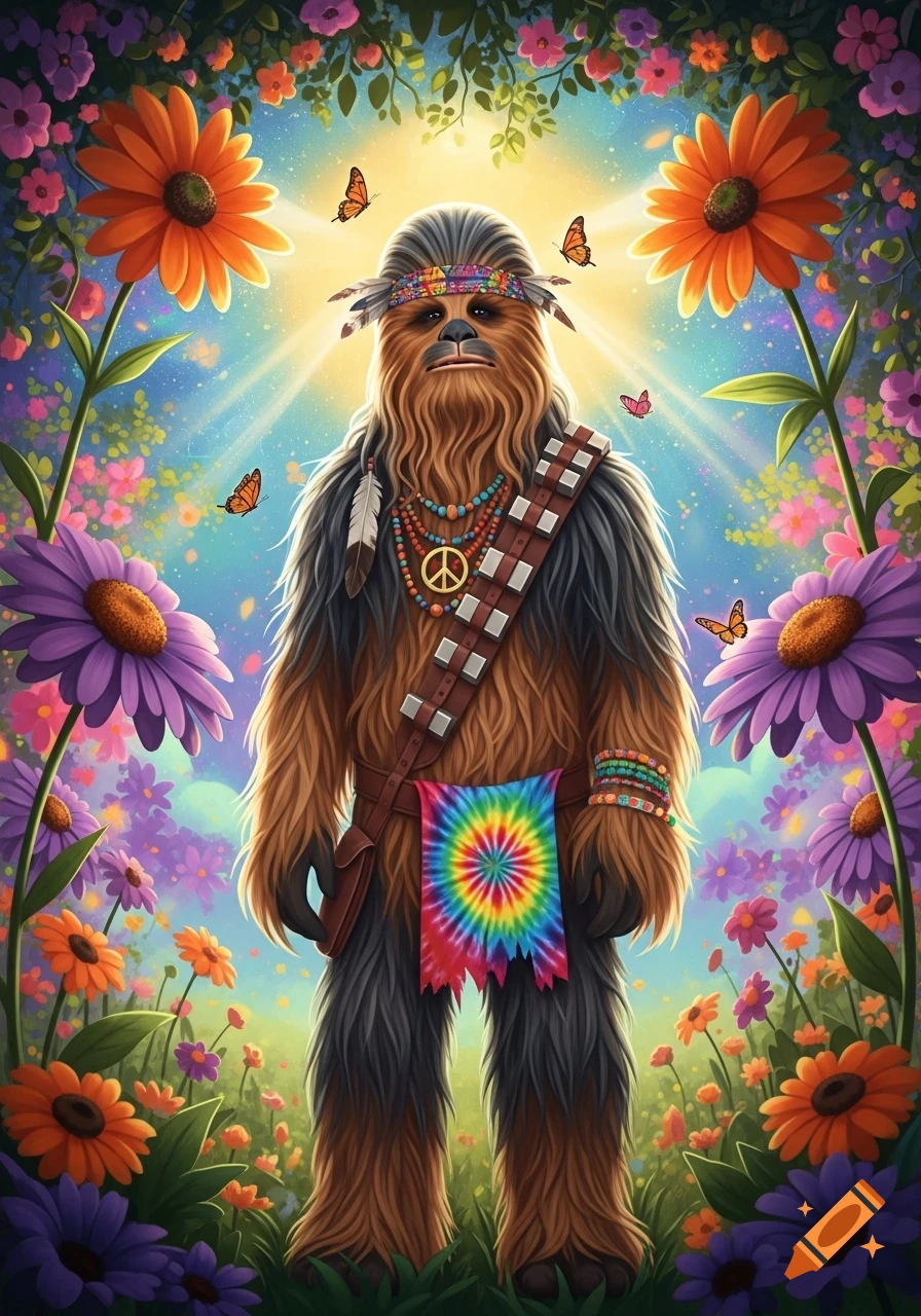 Chewbacca as a hippie, adorned with a peace sign necklace and tie-dye sash, standing in a vibrant, flower-filled meadow with butterflies under a bright sun.