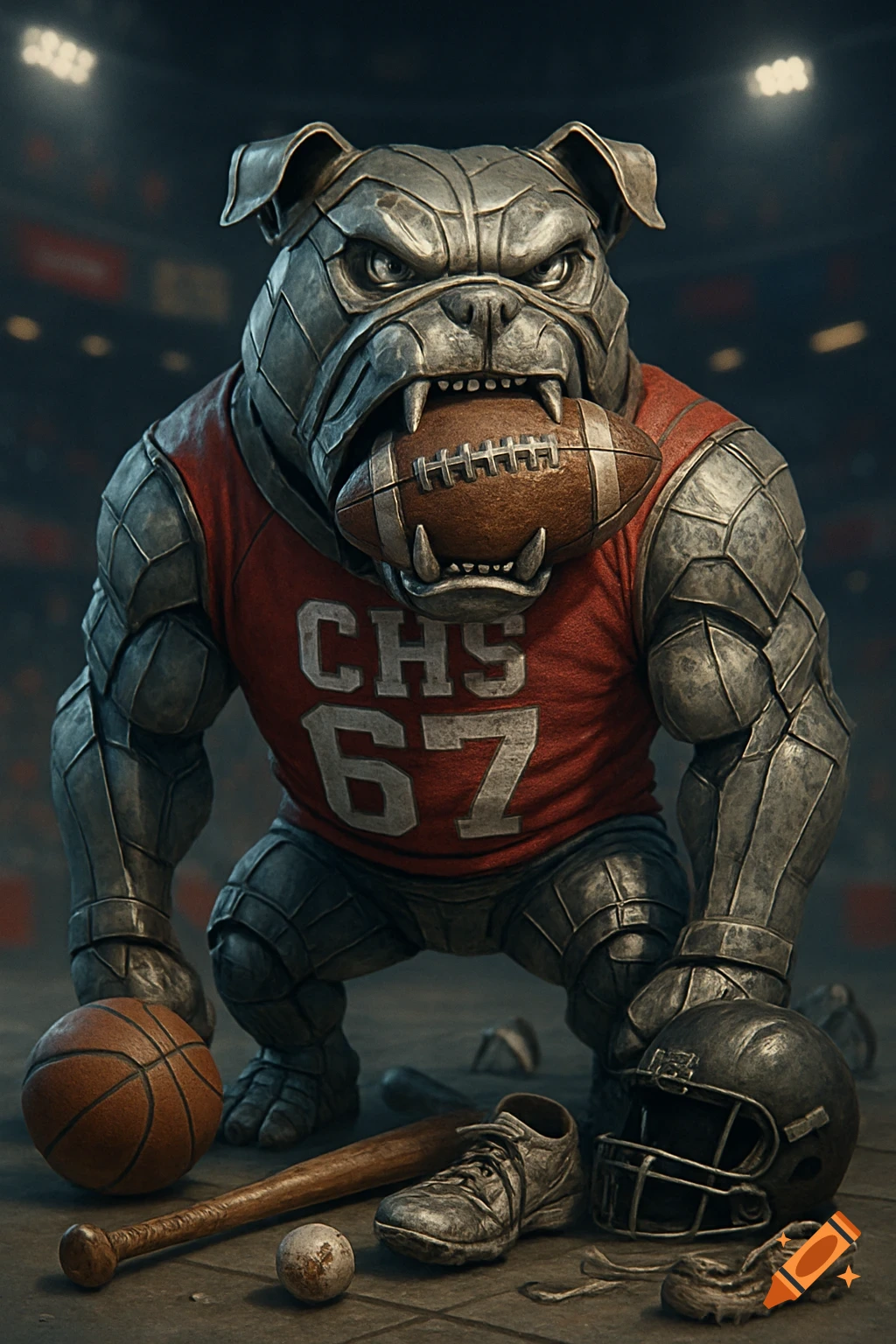 A fierce, armored metal bulldog mascot wearing a red jersey with 'CHS 67' and holding a football in its mouth, surrounded by various sports equipment in a stadium.