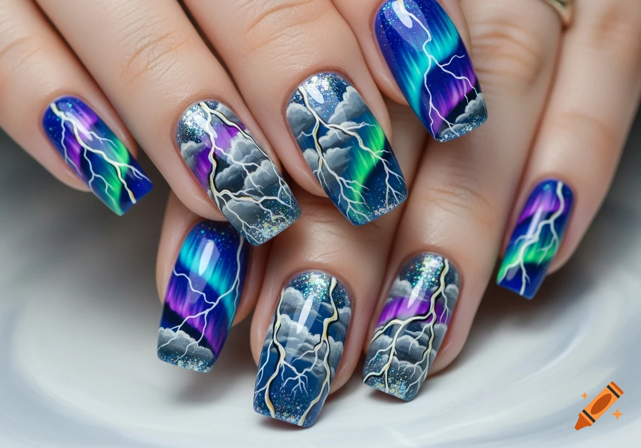Close-up of a hand with long, square nails painted with a shimmering aurora borealis and lightning design against a dark, cloudy sky.