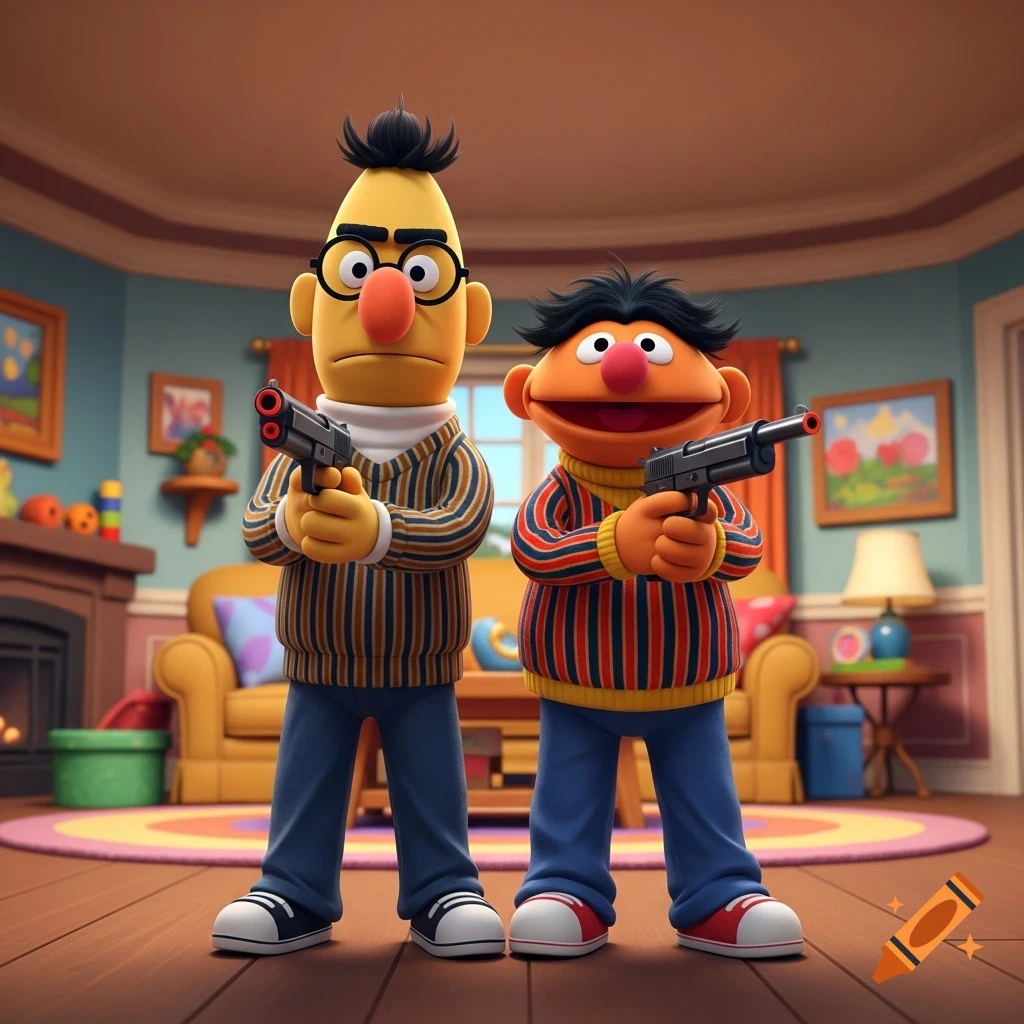 Bert and Ernie stand in a living room, each holding a pistol, mimicking a scene from Pulp Fiction.