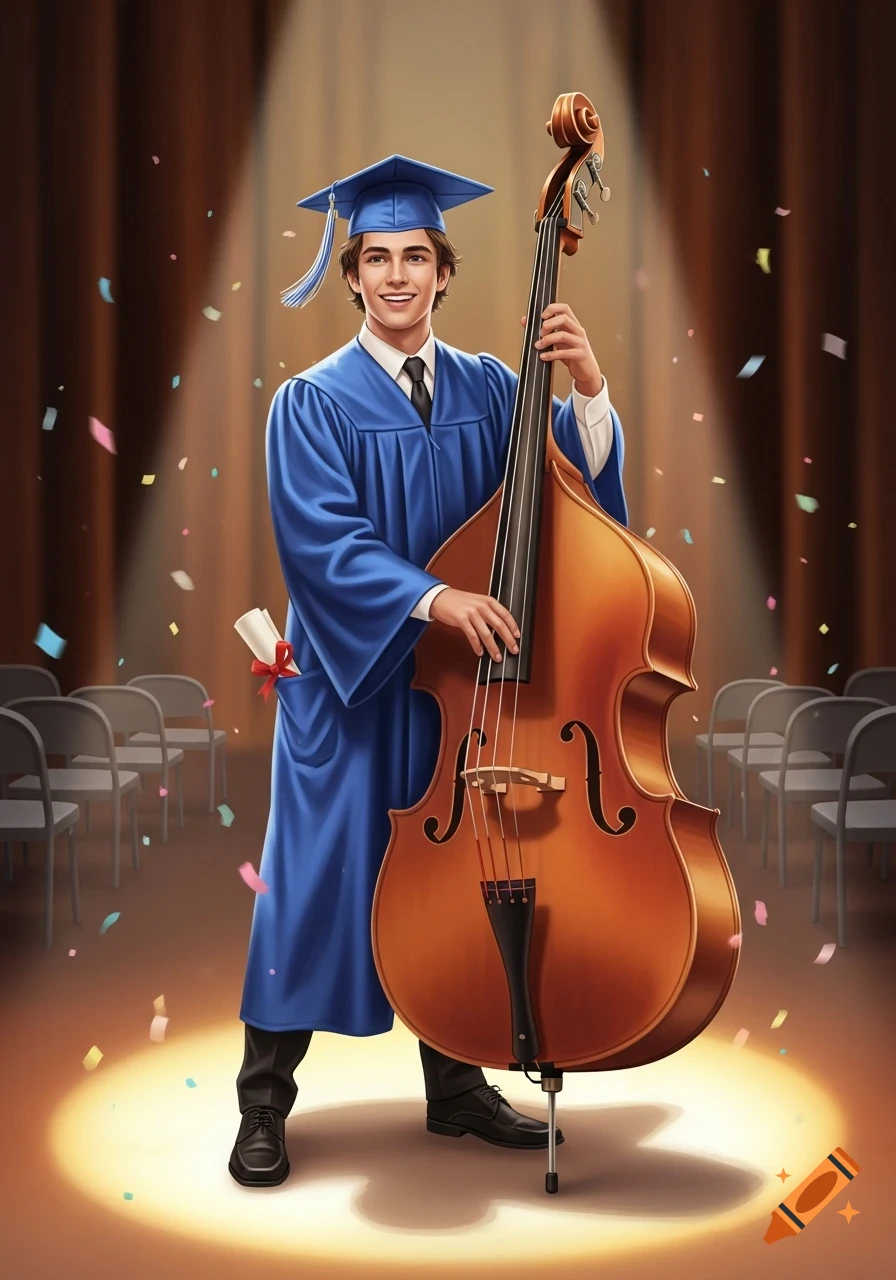Smiling male high school graduate in blue cap and gown holds a stand-up bass on a spotlighted stage with confetti.