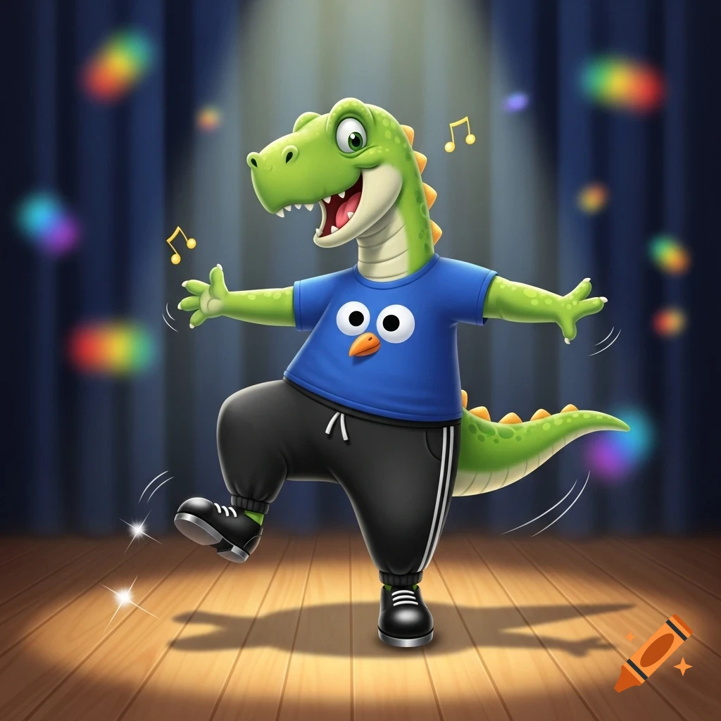 A friendly green cartoon dinosaur wearing a blue t-shirt with two eyes and an orange beak, black sweatpants, and tap shoes, tap dancing on a spotlighted wooden stage with musical notes.
