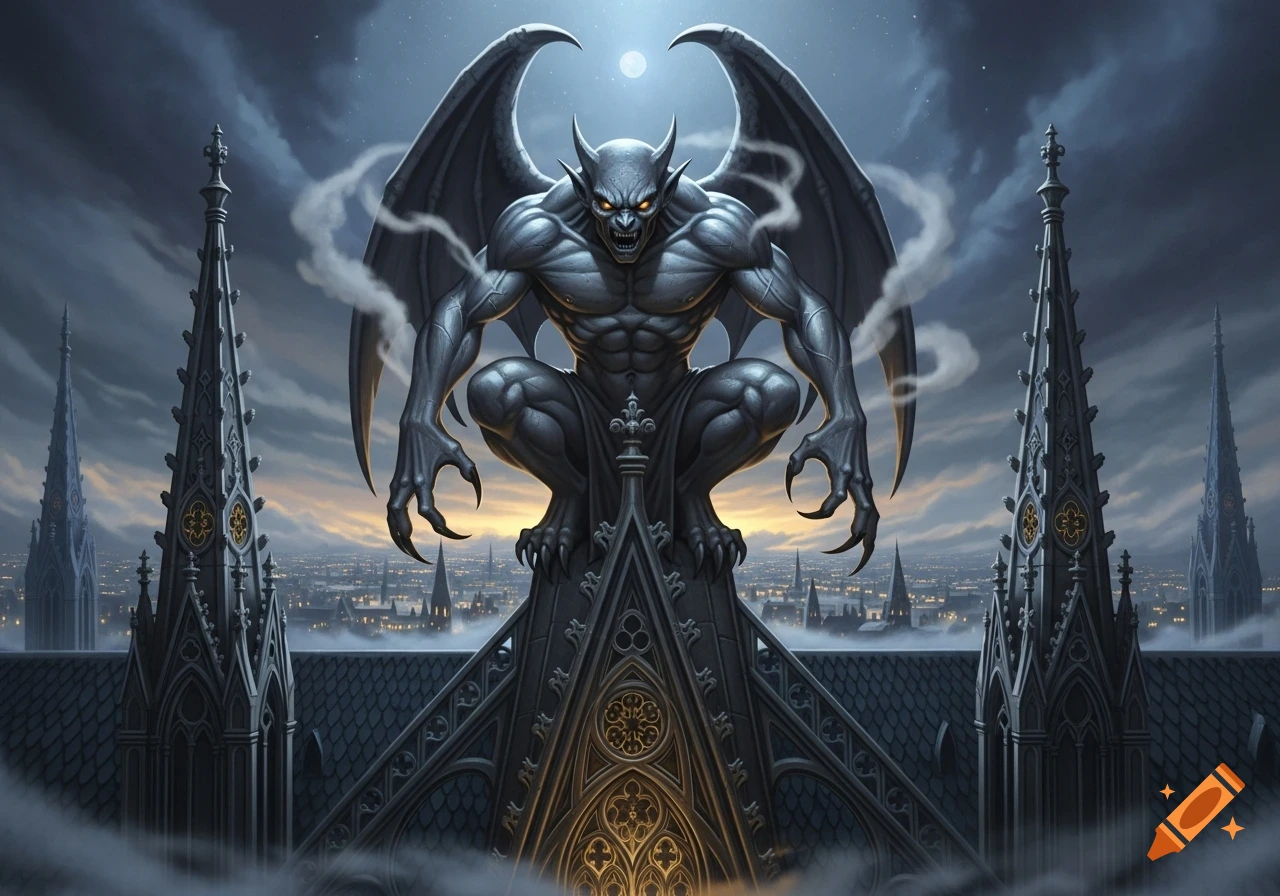 A monstrous stone gargoyle with large wings crouches atop a gothic cathedral spire, overlooking a city at twilight under a full moon.