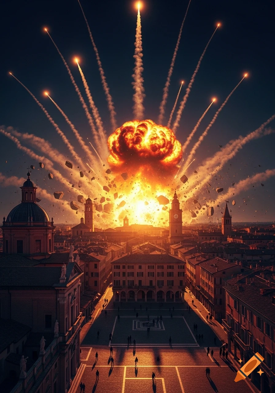 A massive, fiery explosion erupts over a European city at night, with debris flying and bright flames illuminating buildings and people in a public square.