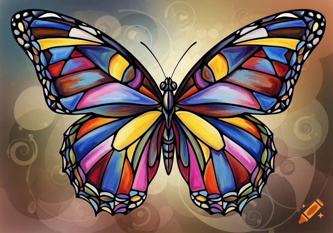 A vibrant, colorful butterfly with large, stained-glass style wings against a warm, patterned background.