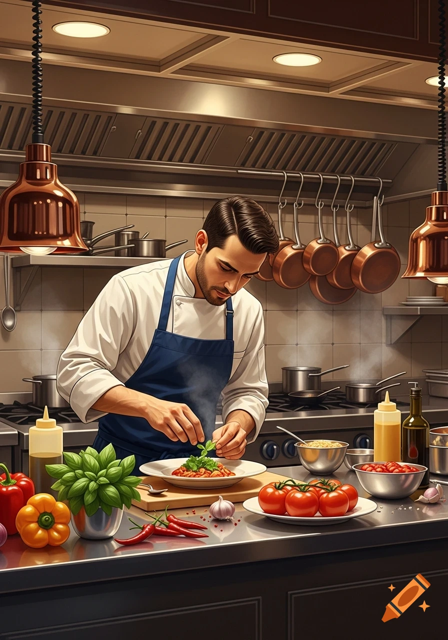 A male chef in a blue apron garnishes a pasta dish with fresh herbs in a detailed, professional kitchen.