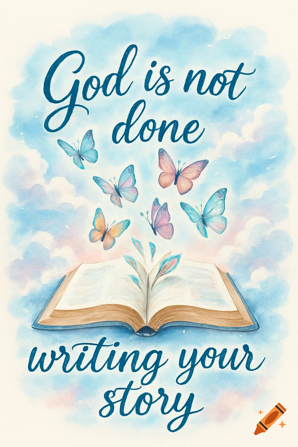 Watercolor illustration of an open bible with colorful butterflies flying out, set against a light blue and pink sky with clouds. The text "God is not done writing your story" is prominently displayed above and below the book.