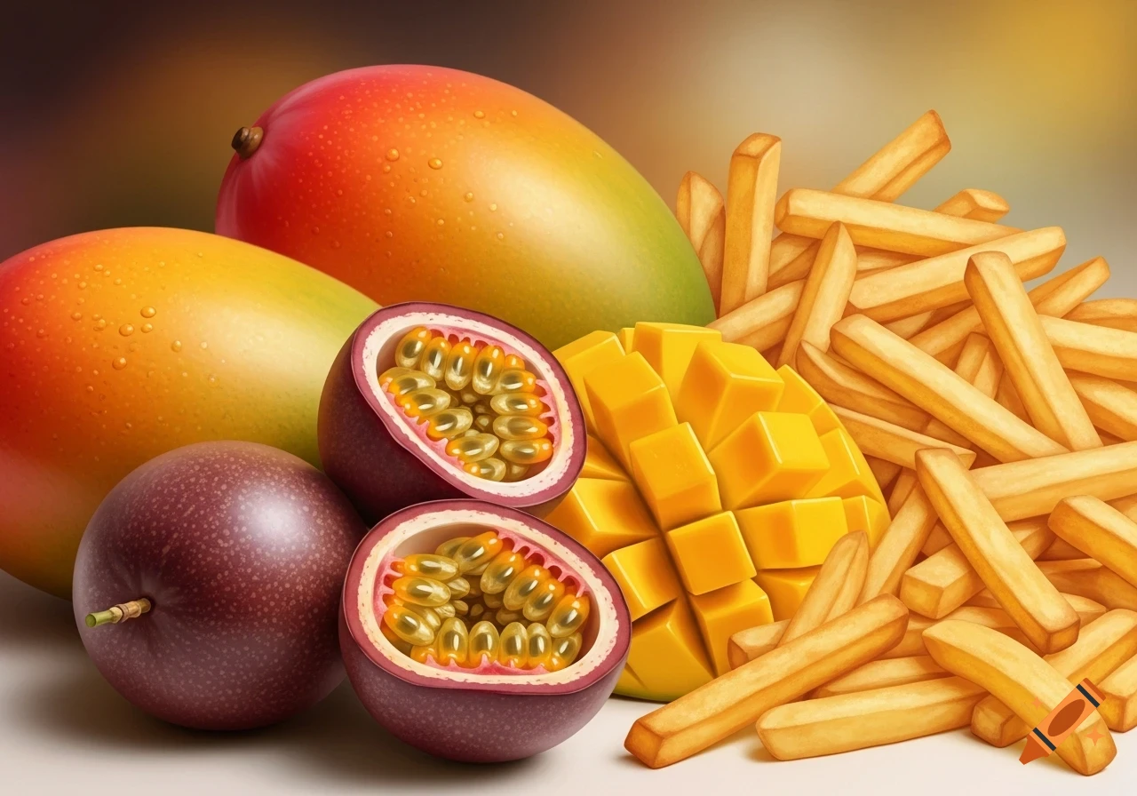 Photorealistic close-up of whole and sliced mangoes, whole and halved passion fruit, and a pile of potato fries.