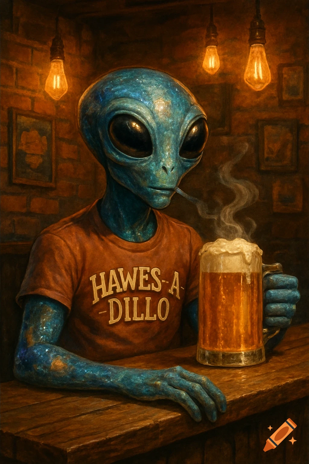 A blue alien with large black eyes sits at a rustic wooden bar, holding a frothy beer mug and smoking a cigarette. The alien wears an orange t-shirt with "HAWES-A-DILLO" written on it, against a brick wall lit by warm hanging Edison bulbs, in an illustrative style.