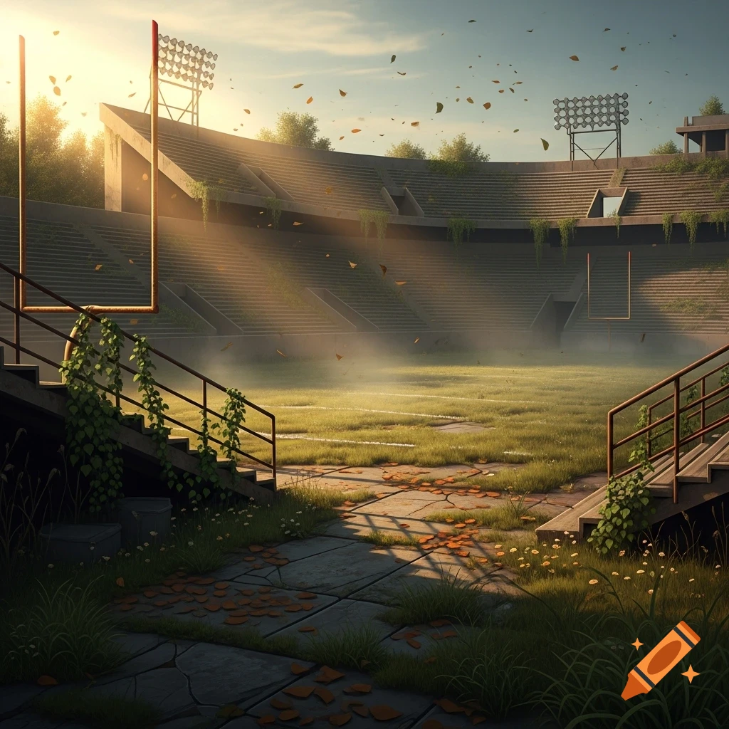 An overgrown, abandoned football stadium bathed in warm, hazy sunset light with fallen leaves and goalposts visible.