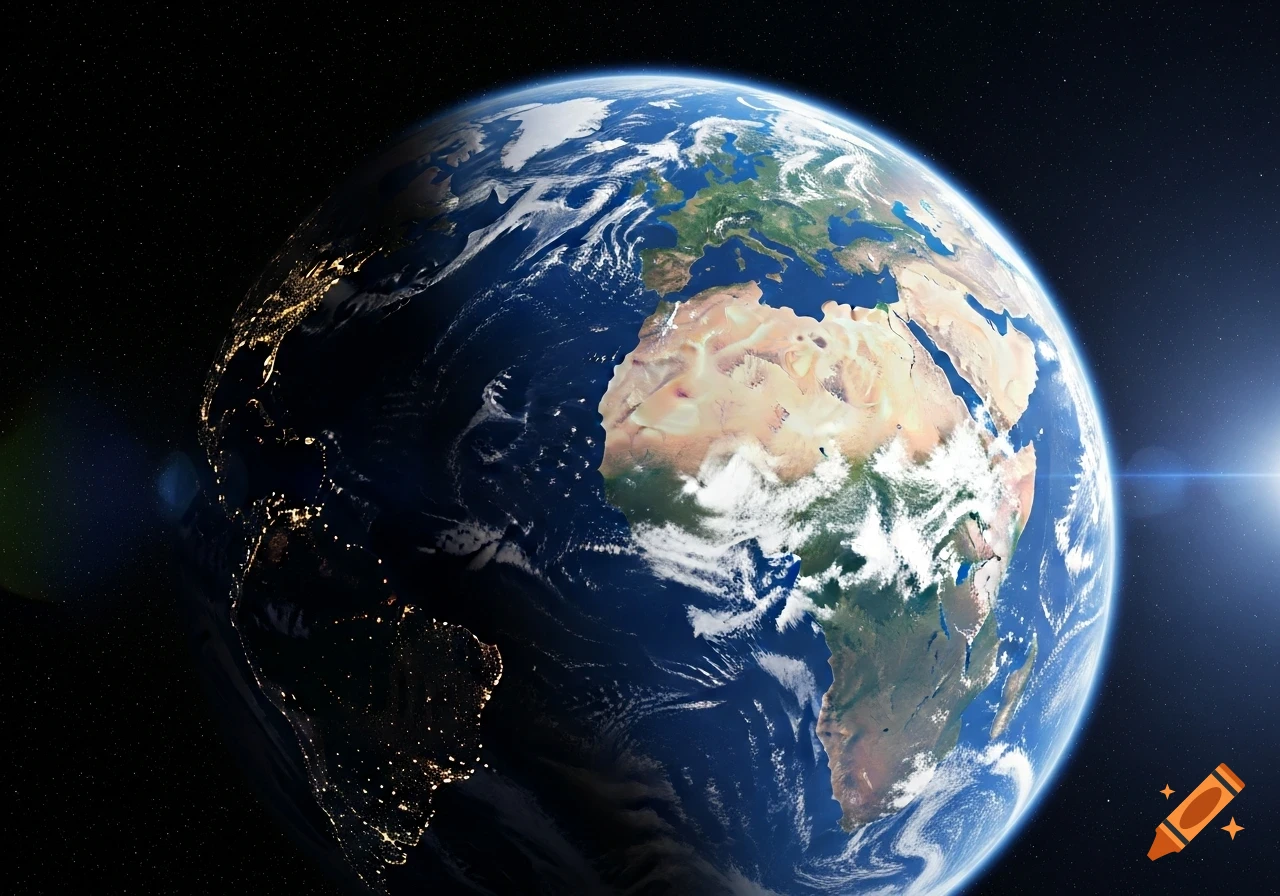 The Earth viewed from space, showing continents, oceans, clouds, and city lights on the night side.