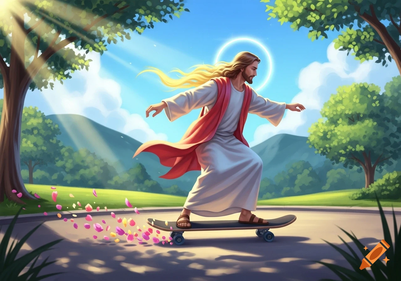 Vibrant illustration of Jesus with long flowing hair and a halo, skateboarding on a sunny road, leaving a trail of pink petals.