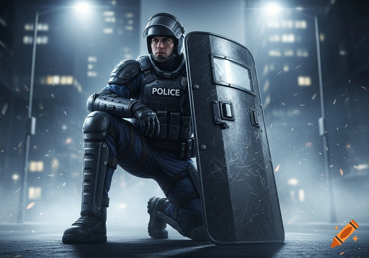 A photorealistic police officer in riot gear kneels with a large shield in a glowing city at night.