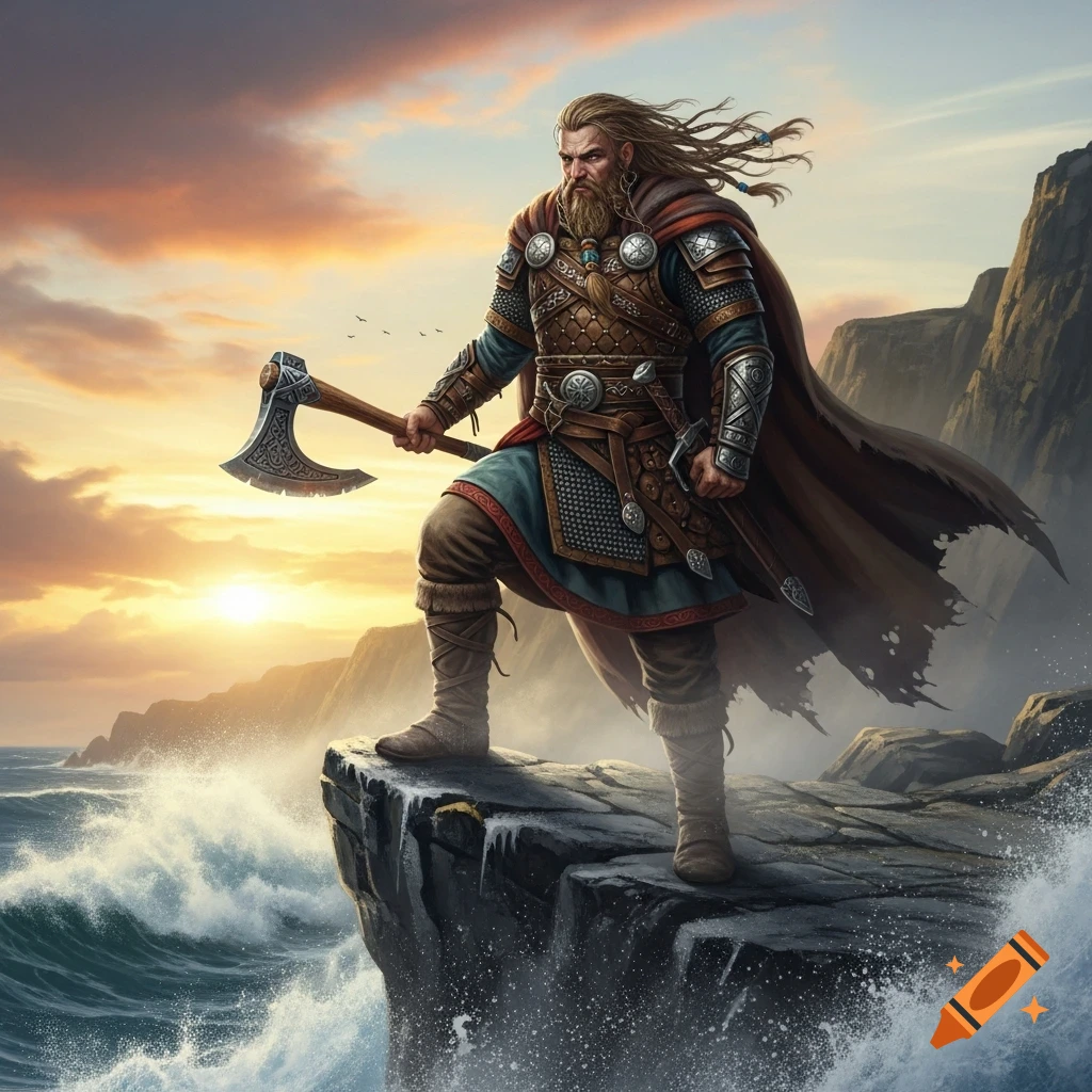 A long-haired, bearded Viking warrior in armor, holding an axe, stands on a rocky cliff over a stormy sea at sunset.