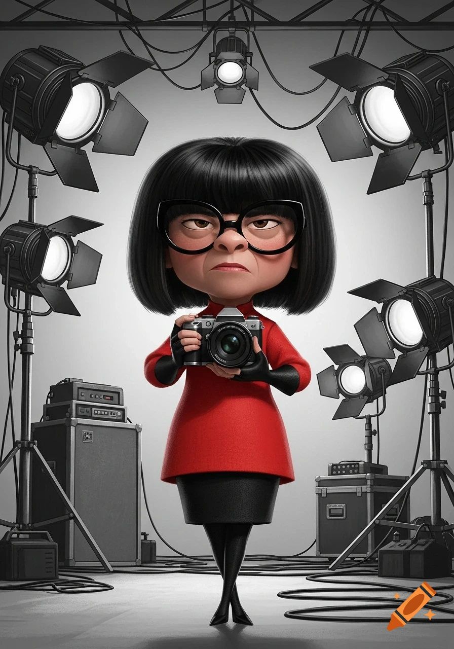 Edna Mode from The Incredibles, looking mad, holds a camera surrounded by studio lights and equipment in an animated style.