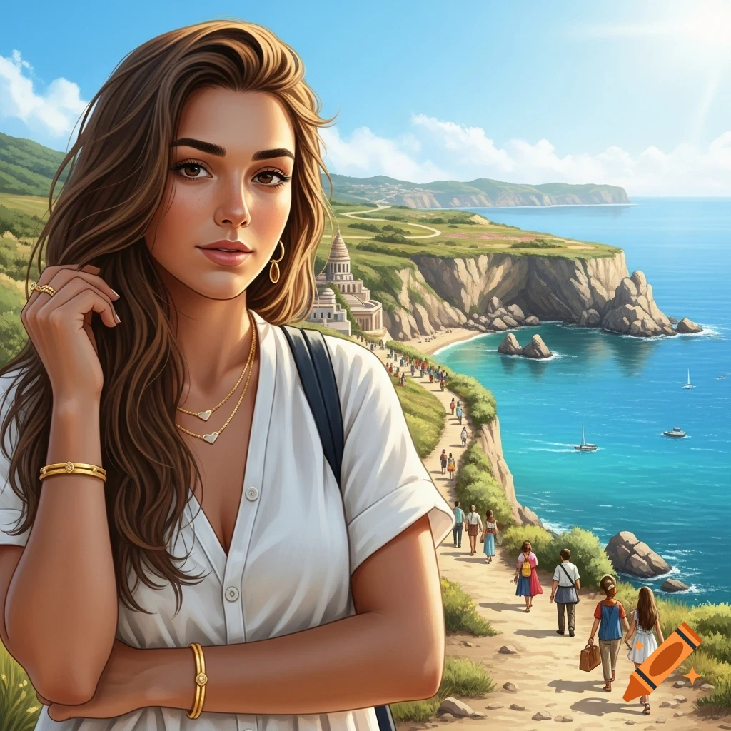 A stylized digital portrait of a young woman with long brown hair, in a white dress and gold jewelry, against a scenic coastal path with cliffs and a blue sea.
