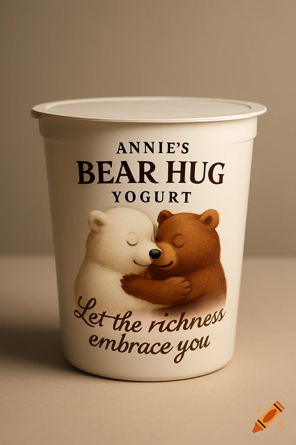 A white yogurt cup with a label featuring two cute bears, one white and one brown, hugging. Text reads "Annie's Bear Hug Yogurt" and "Let the richness embrace you".
