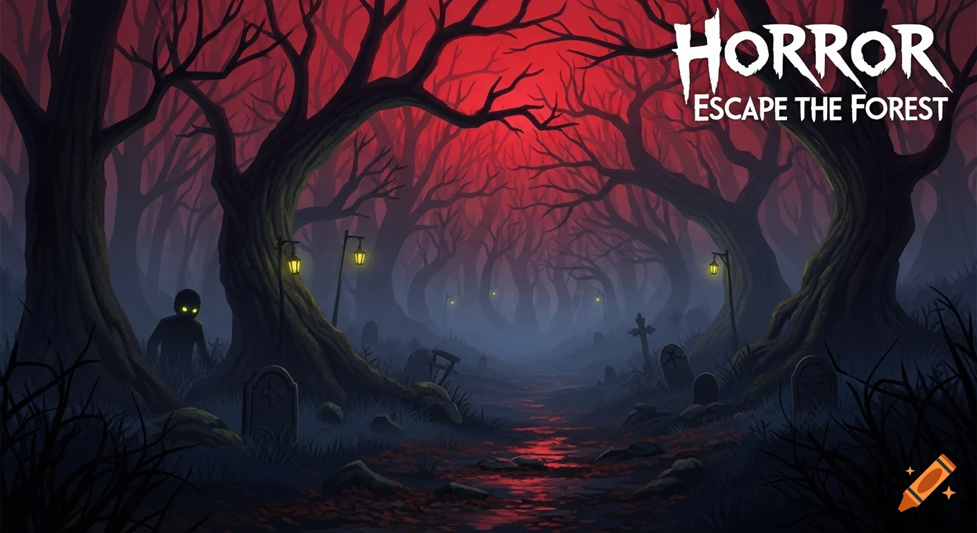 A stylized horror forest scene with a red sky, glowing eyes, graves, and the title 'HORROR ESCAPE THE FOREST'.