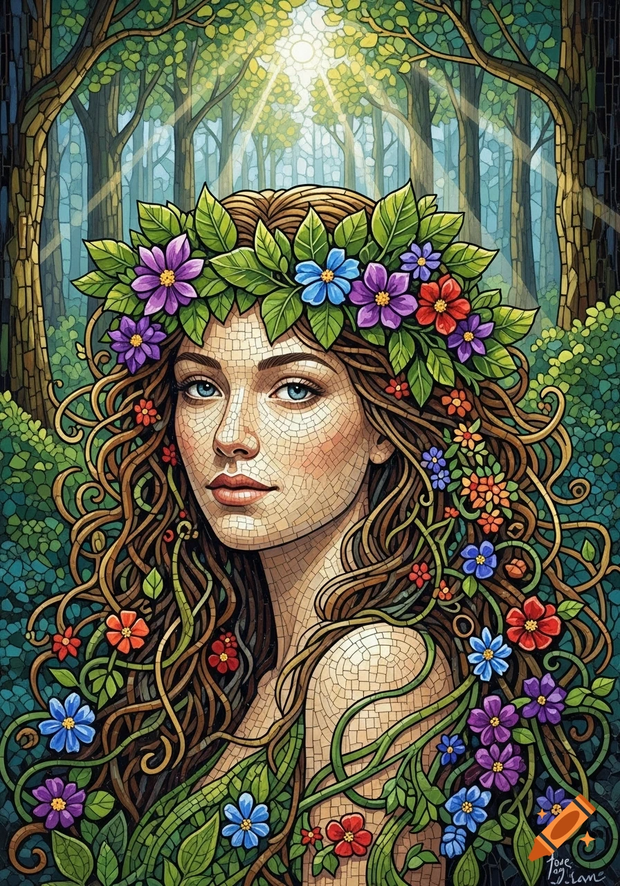 Colorful mosaic of a beautiful woman with long curly hair entwined with leaves and flowers, standing in a sun-dappled forest.