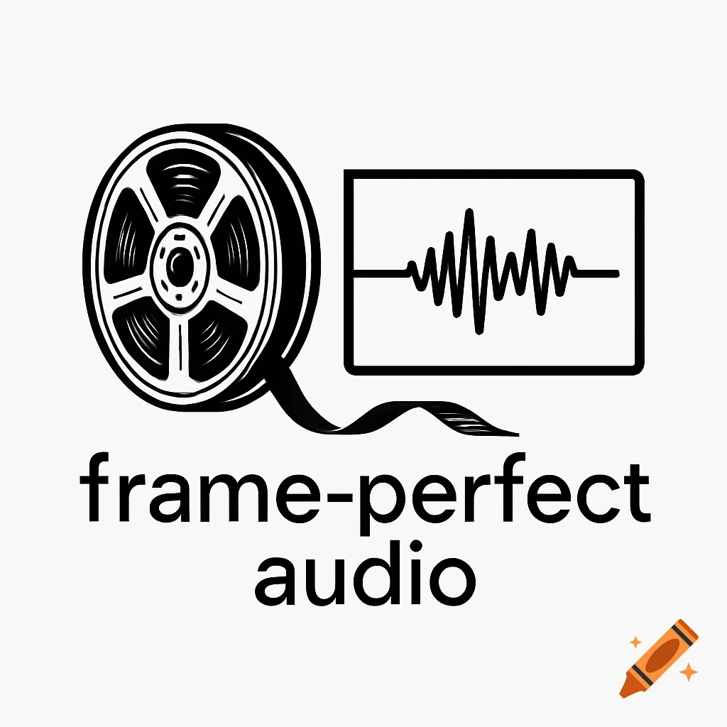 A black and white vector logo with a film reel, a strip of tape forming a frame around an audio waveform, and text "frame-perfect audio" below.