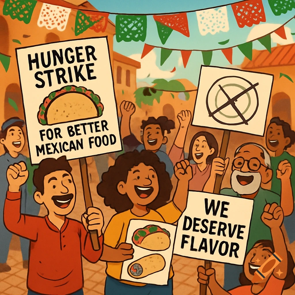 A diverse group of cartoon people cheerfully protest in a plaza, holding signs like "Hunger Strike for Better Mexican Food" and "We Deserve Flavor." Mexican flags and colorful banners decorate the background.