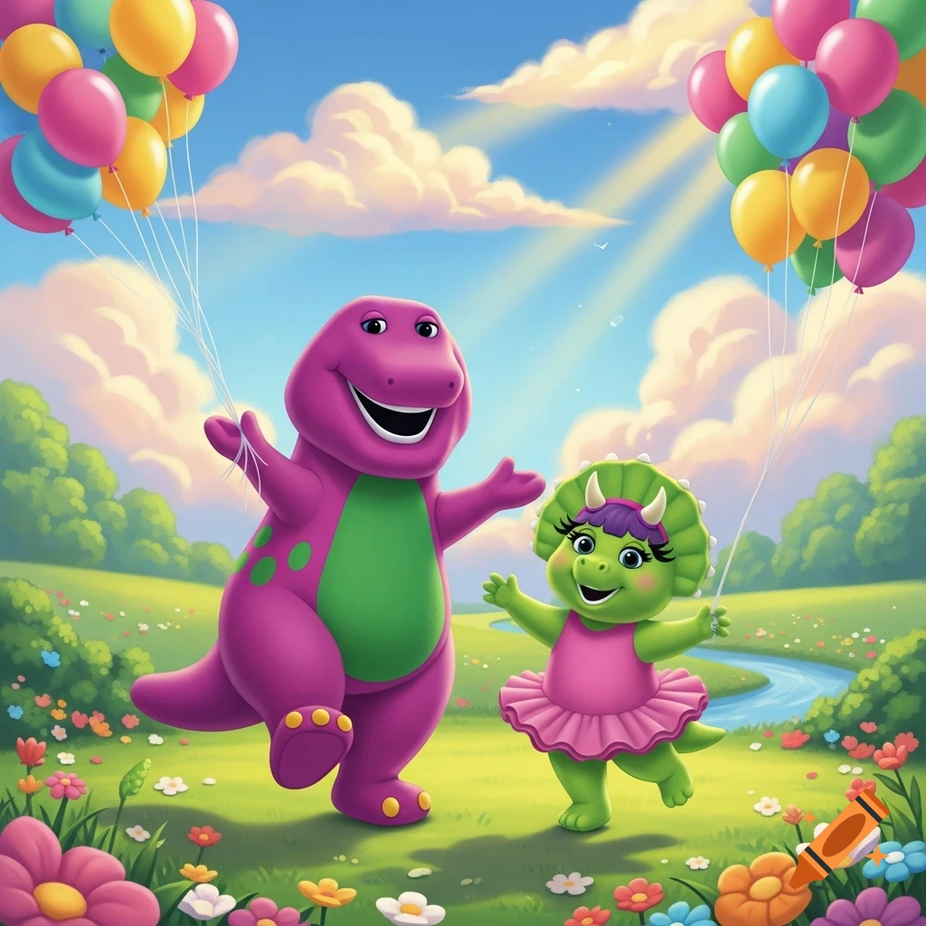Barney and Baby Bop, cheerful dinosaurs, hold colorful balloons in a vibrant, sunny field filled with flowers.