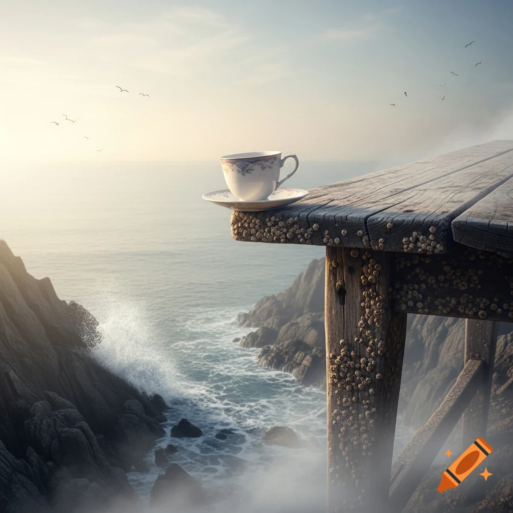 A teacup and saucer rest precariously on a wooden platform's edge, overlooking a majestic ocean with rocky cliffs and crashing waves.