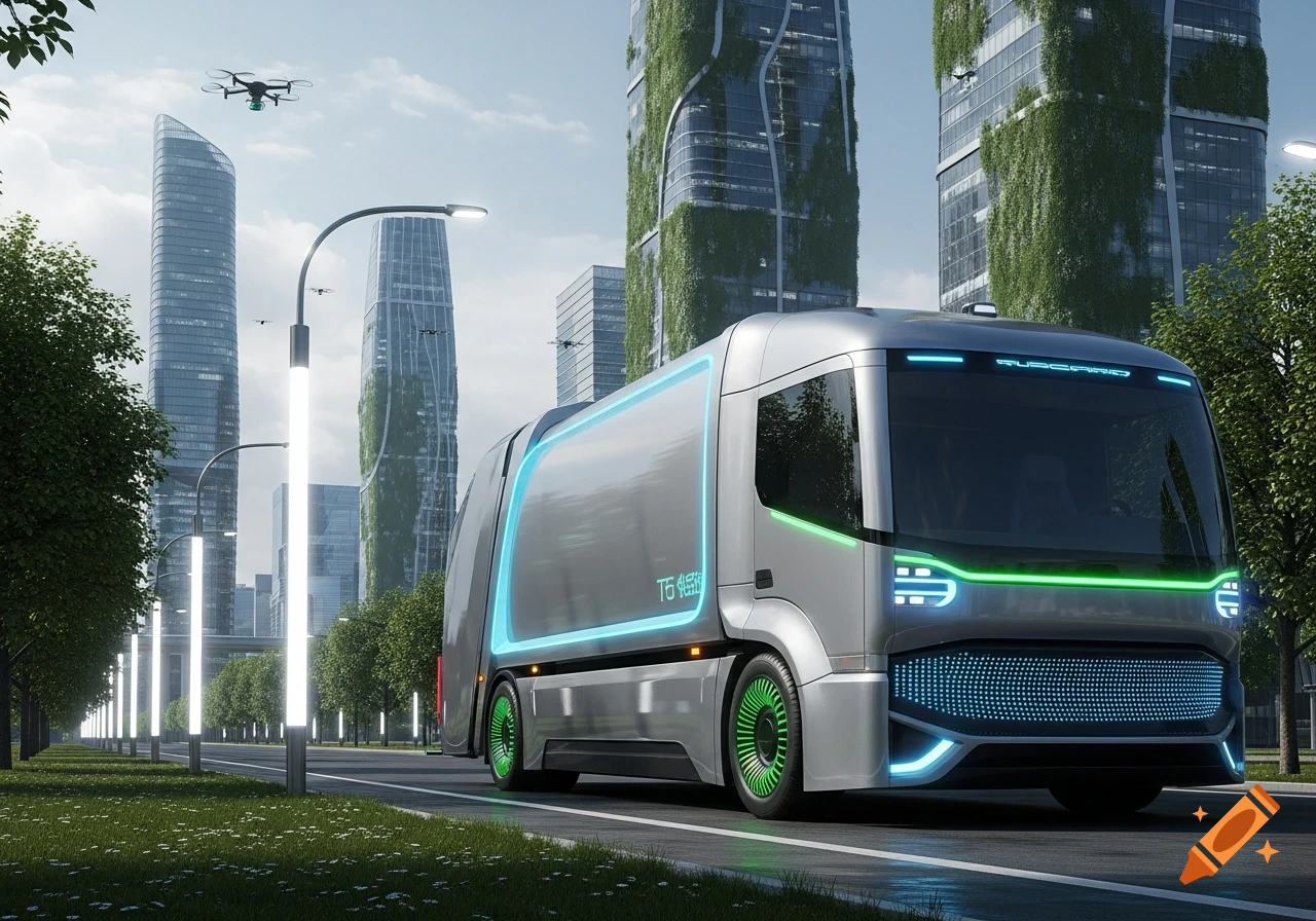 A futuristic electric garbage truck with neon lights on a street in a green, modern city with drones flying overhead.