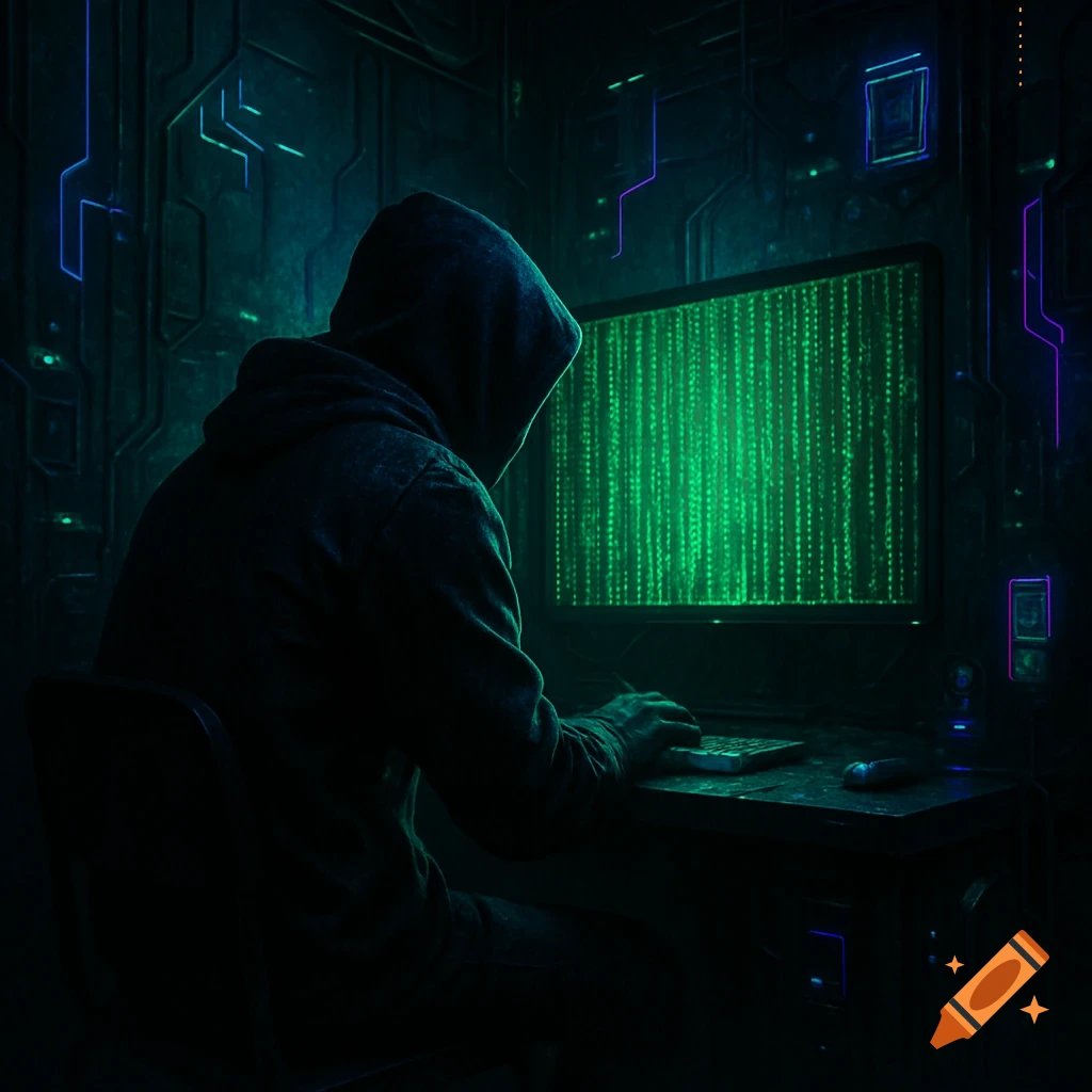 A hooded hacker sits at a computer in a dark cyberpunk room, with green matrix code displaying on the screen.