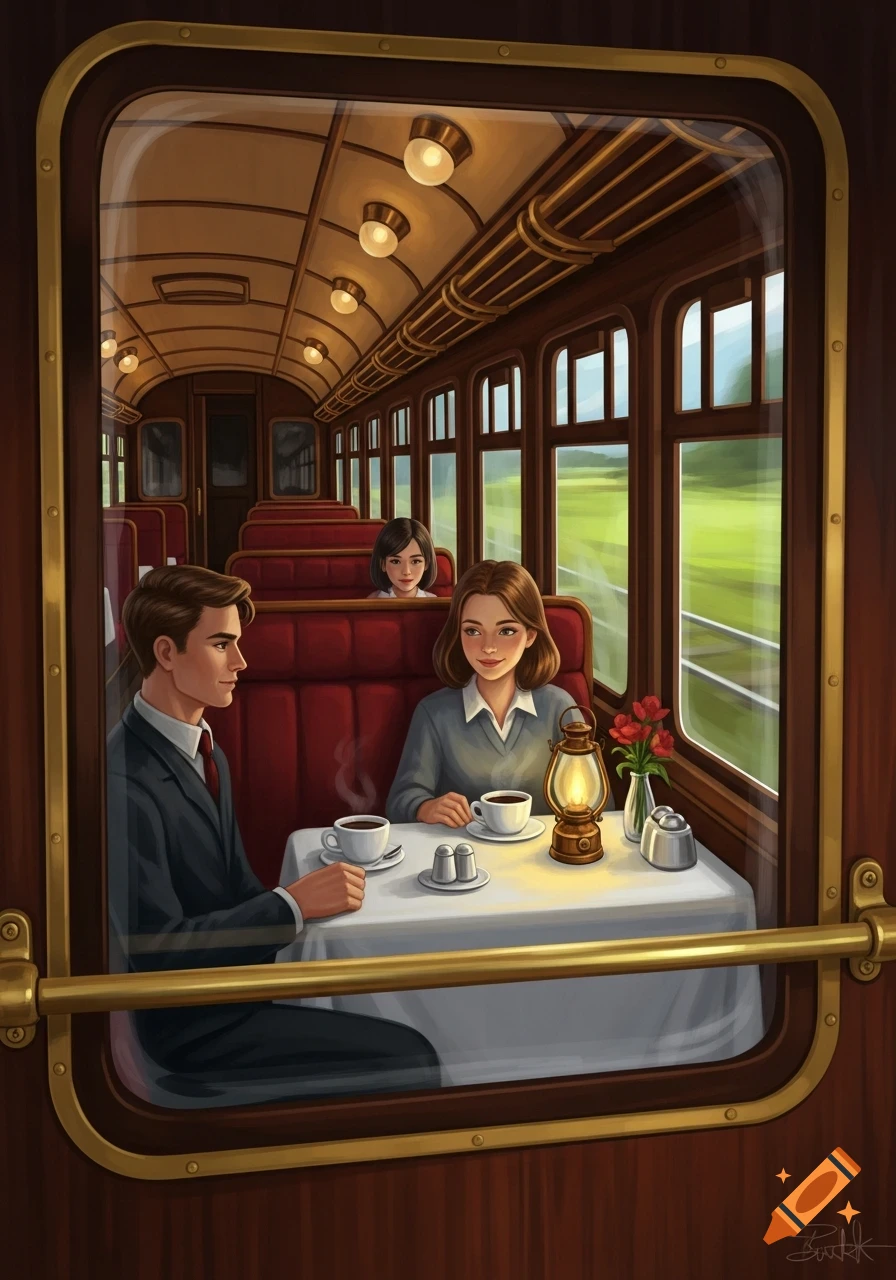 An illustration of an old-fashioned train restaurant car seen from a window, with a man and woman drinking coffee at a table.