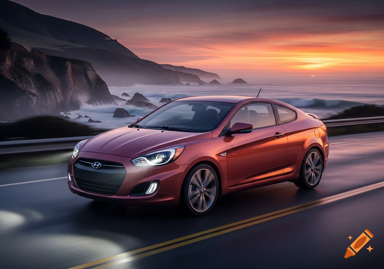 A red Hyundai Accent coupe drives on a coastal highway with mountains and ocean at sunset.